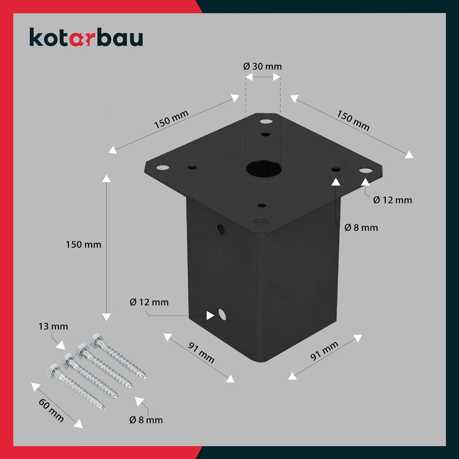 KOTARBAU® 2 unidades Soporte para Poste - Pie de Pilar - Acero con Recubrimiento en Polvo - 90 x 90 mm - Negro - Anclaje para Poste - Soportes para Pérgola - Resistente a la Corrosión