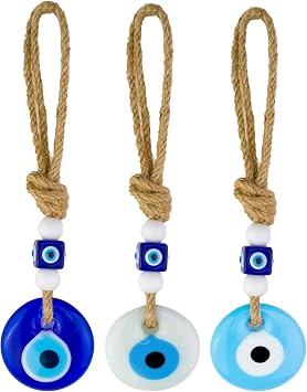 BCS Evil Eye Car تعليق زخرفة خلفية عرض مرآة الملحقات 1.8 "عرض &times; 9" L ديكور زجاجي يوناني نازار تراك حظا سعيدا وسحر الحماية Ojo Turco para Carro Navy، White, مجموعة زرقاء فاتحة من 3
