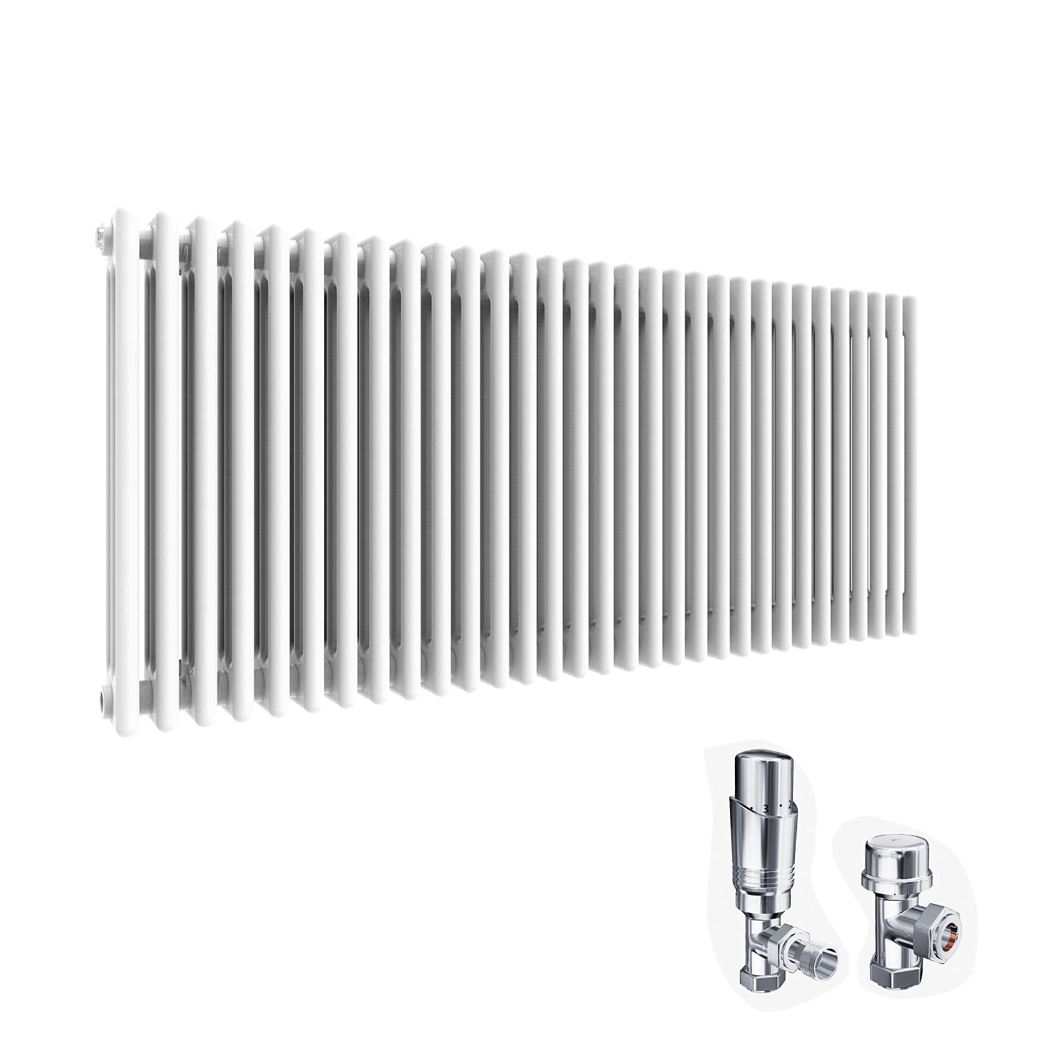 ELEGANT Cast Iron Style 3 Column Radiators Traditional Triple Bar White Horizontal Designer Colosseum Rad 600 x 1400mm with Thermostatic Valves Set Chrome