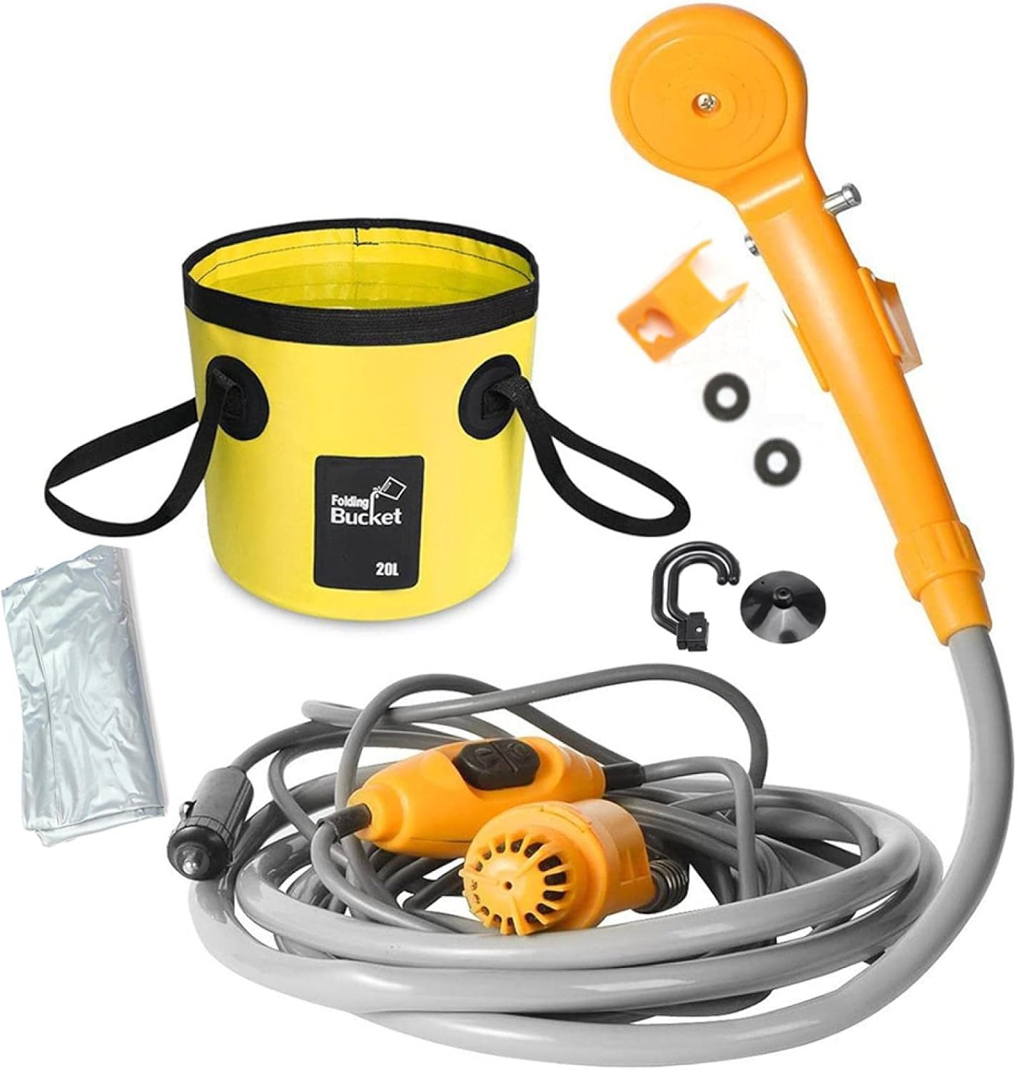 Camping Shower 12V Electric Outdoor Shower Water Bag Kit for Travel Car Washing Hiking Flowering Plants Watering Yellowwithbucket