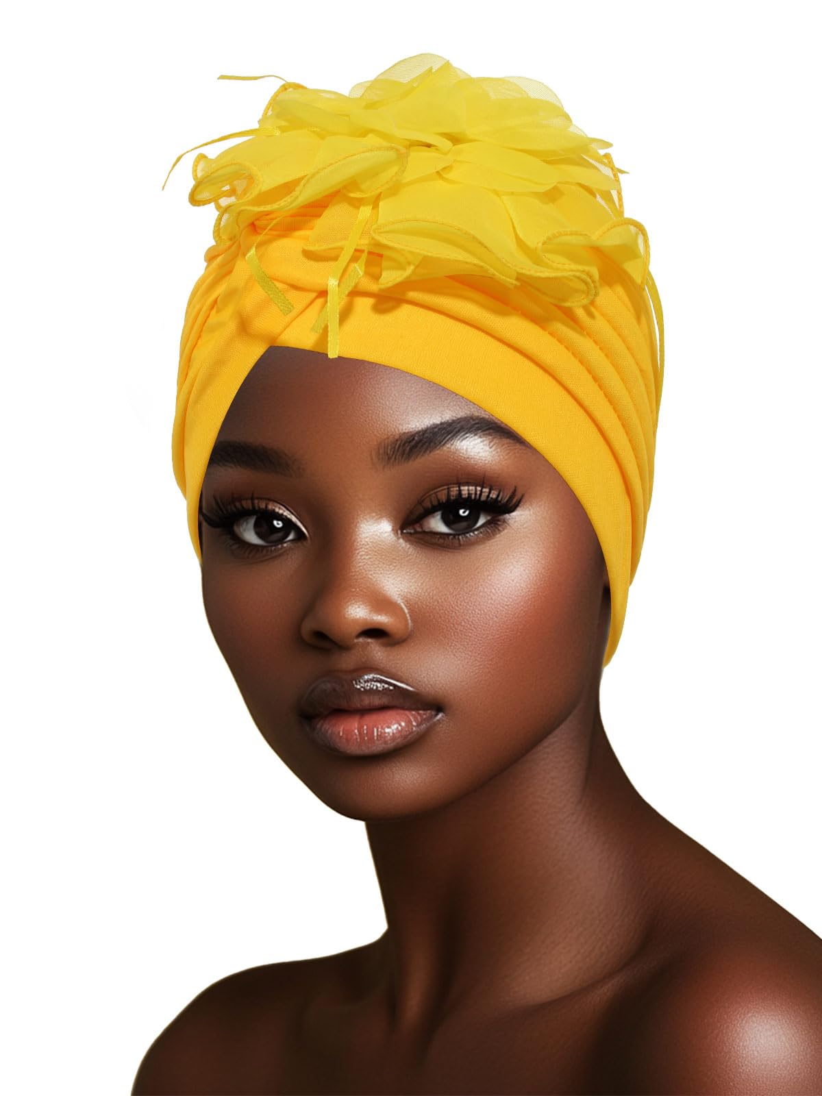 Wosois HeadWrap Hair Turbans African Turban Flower Pearl Crystal Twisted Head Turban for Women Fashion (Yellow)