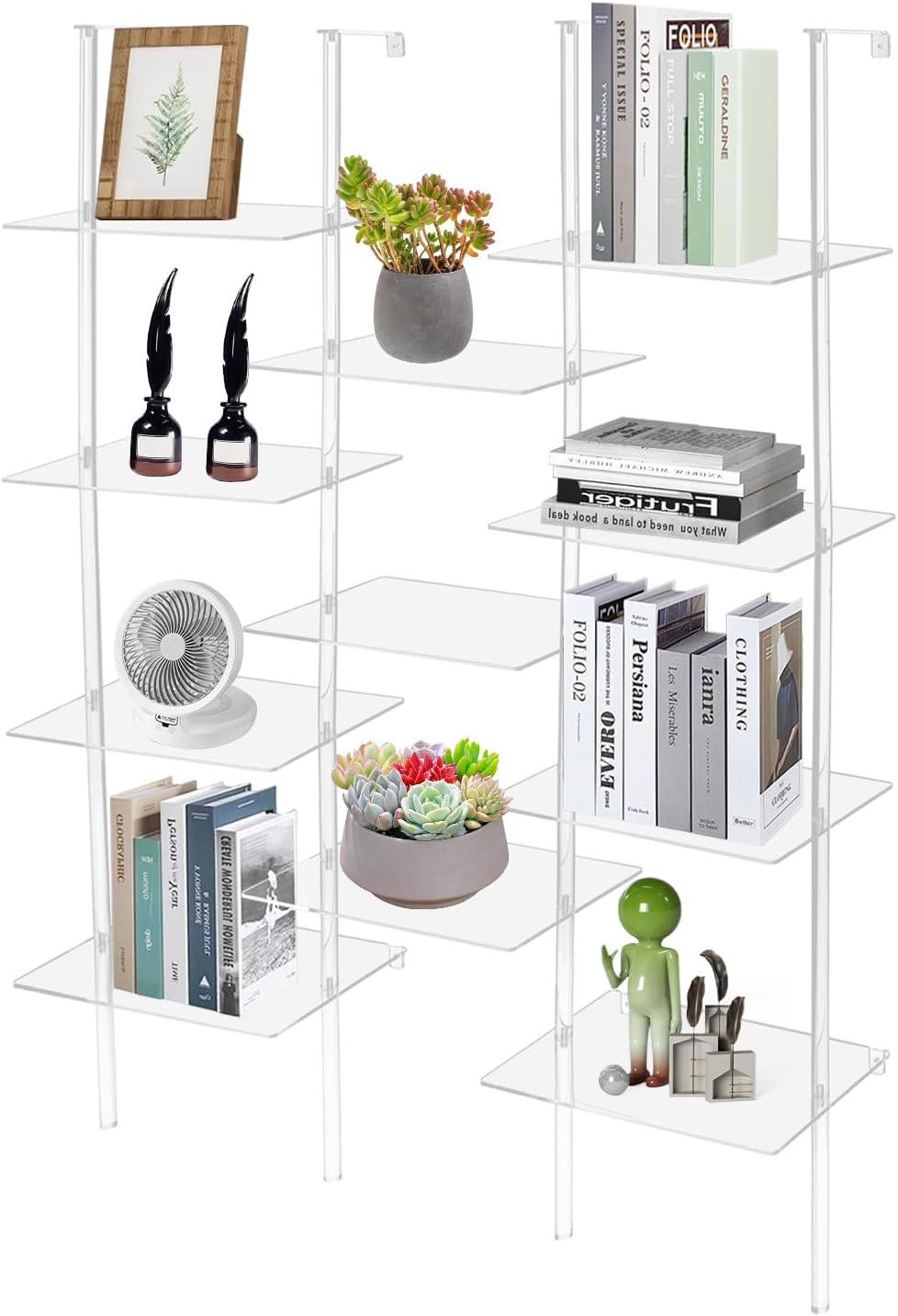 Acrylic Bookshelf, 5-Tier Clear Ladder Bookshelf with 14 Open Shelves, Wall Mounted Modern Book Shelf for Living Room, Bathroom, Office, 43.5x9.44x72.83 inch (14 Open Shelves)