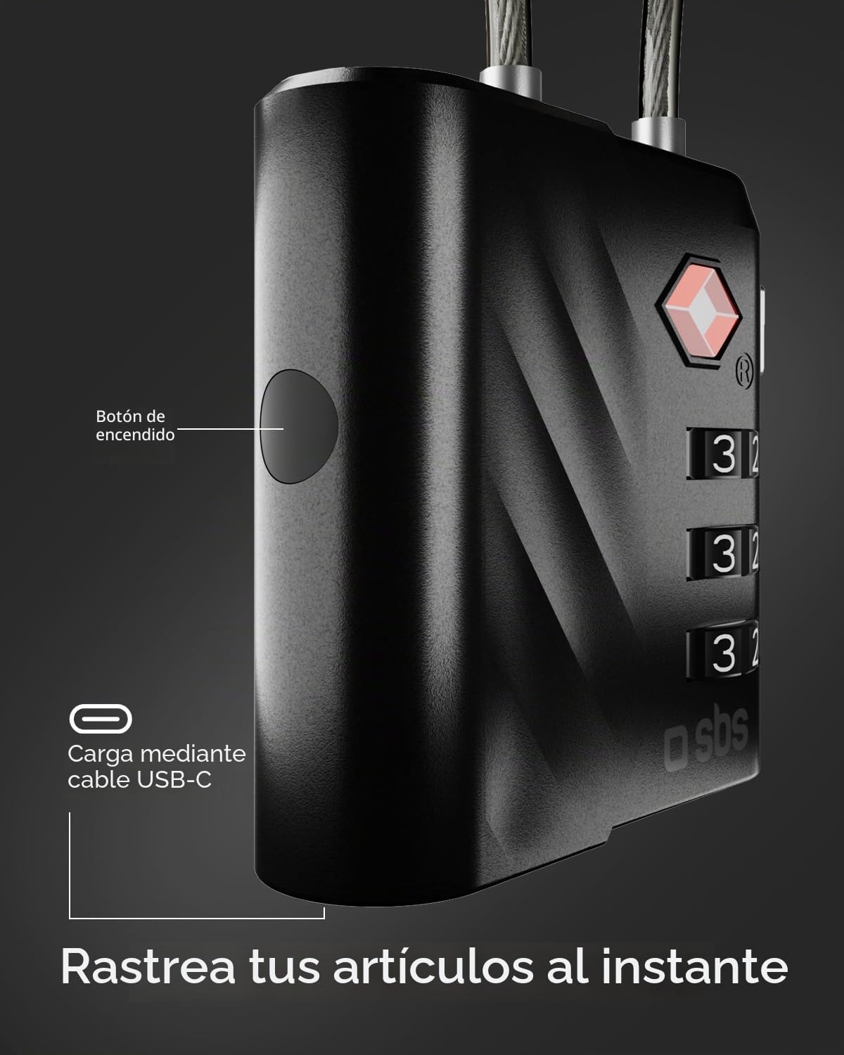SBS Track My Lock - Candado TSA con localizador Finder Integrado, Compatible con Apple Dove è (iOS), Bloqueo de combinación de 3 dígitos, Alarma de 60 dB, Carga USB-C, Ideal para Maletas y Bolsos