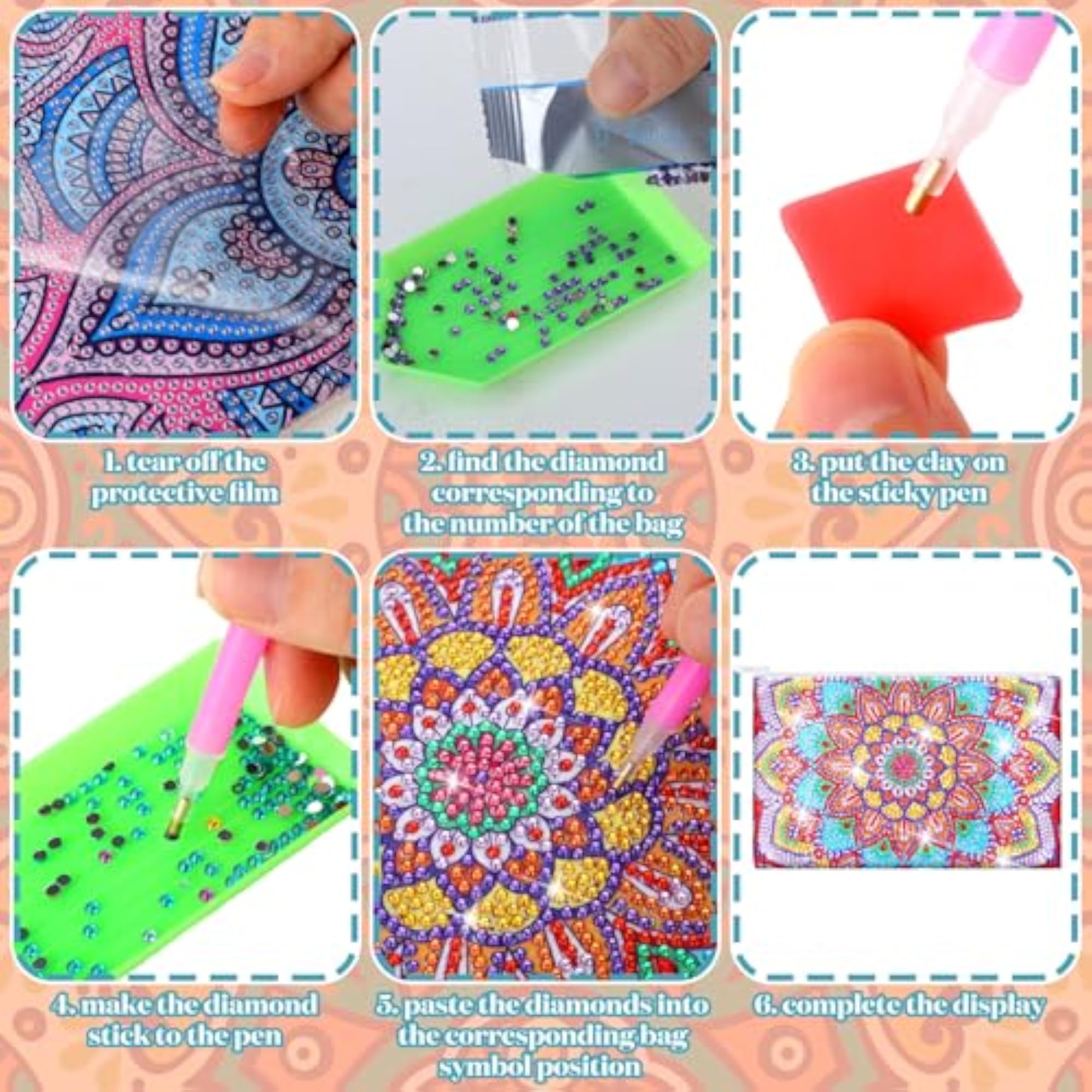 6 Pcs Mandala Diamond Painting Makeup Bags Set