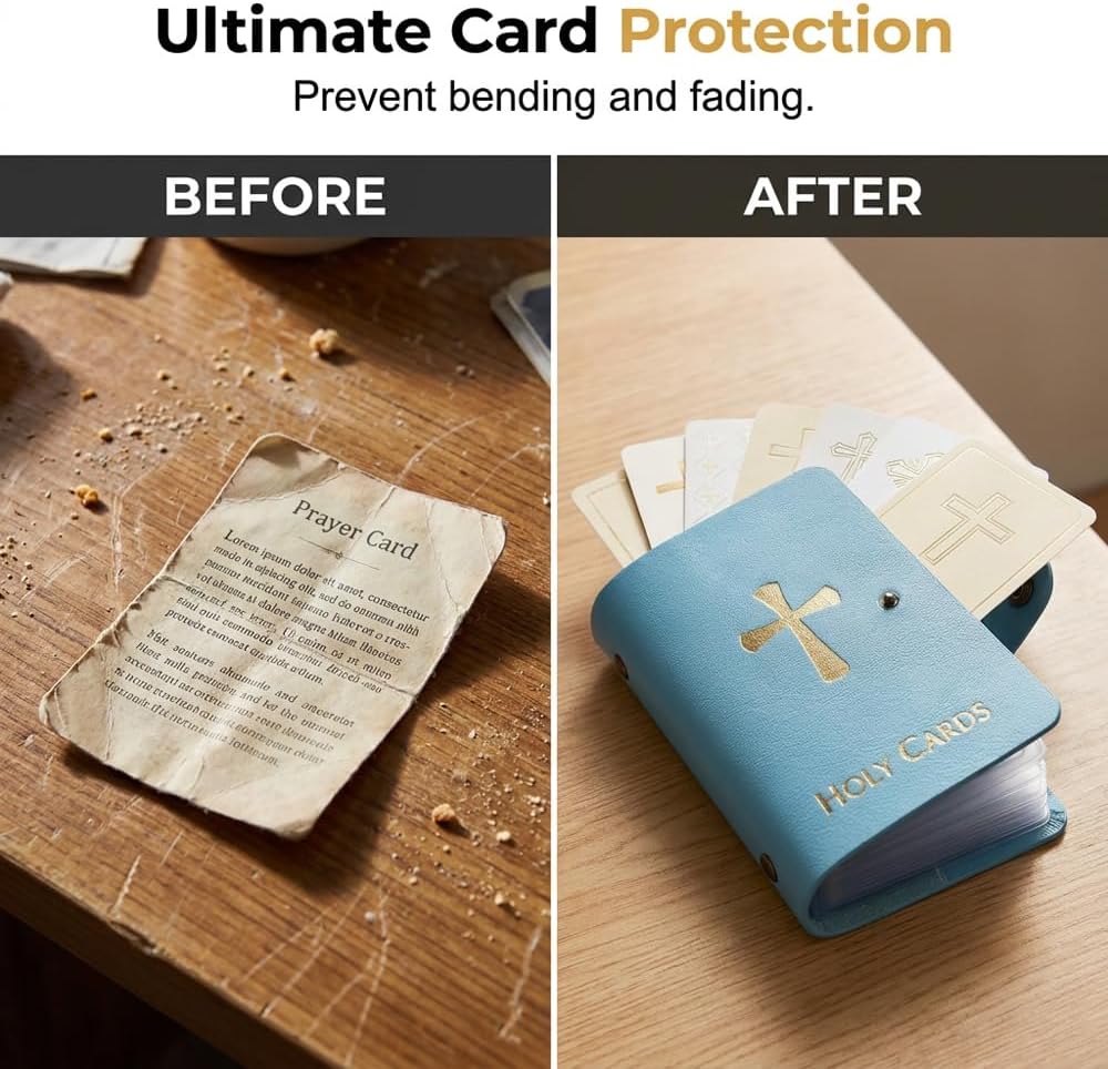 Catholic Genuine Holy Card Holder with 54 Prayer Cards, Faux Leather Pocket Prayer Card Organizer with Snap Closure for Religious Cards Memorial Cards (2pc-Blue) thumbnail