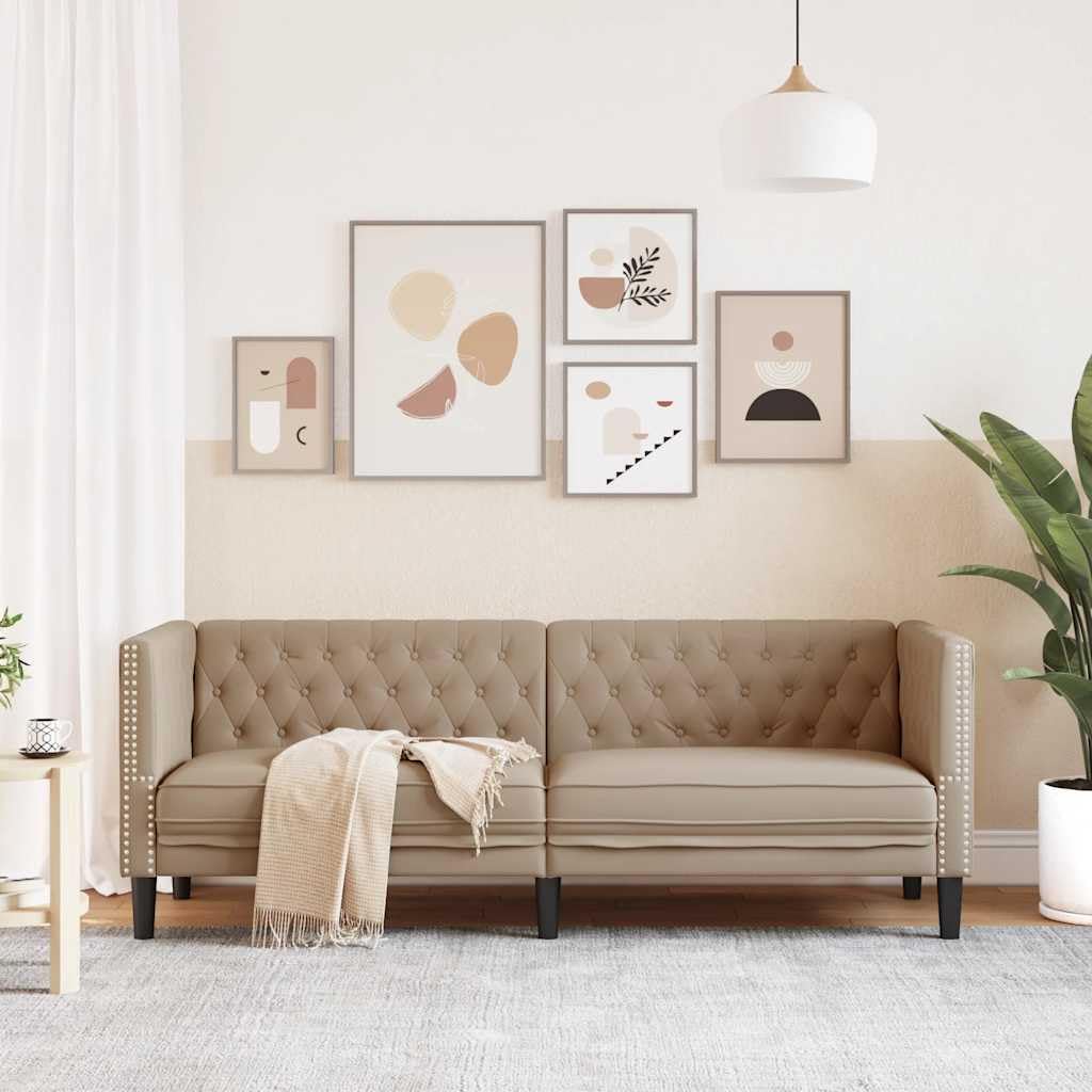 Poltrona Chesterfield a 3 Posti in Similpelle Cappuccino Divano Elegante con Schienale Capitonné e Gambe Robuste per Soggiorno Relax e Arredamento Classico
