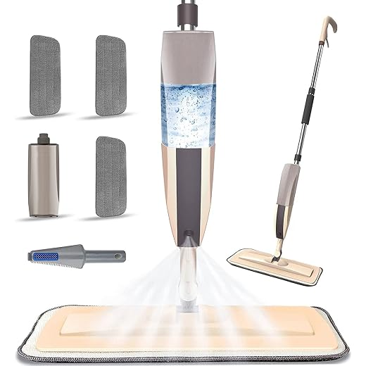 Microfiber Spray Mop for Floor Cleaning, Dry Wet Wood Floor Mop with 3 pcs Washable Pads, Handle Flat Mop with Sprayer for Kitchen Wood Floor Hardwood Laminate Ceramic Tiles Dust (Brown, Spray mop)