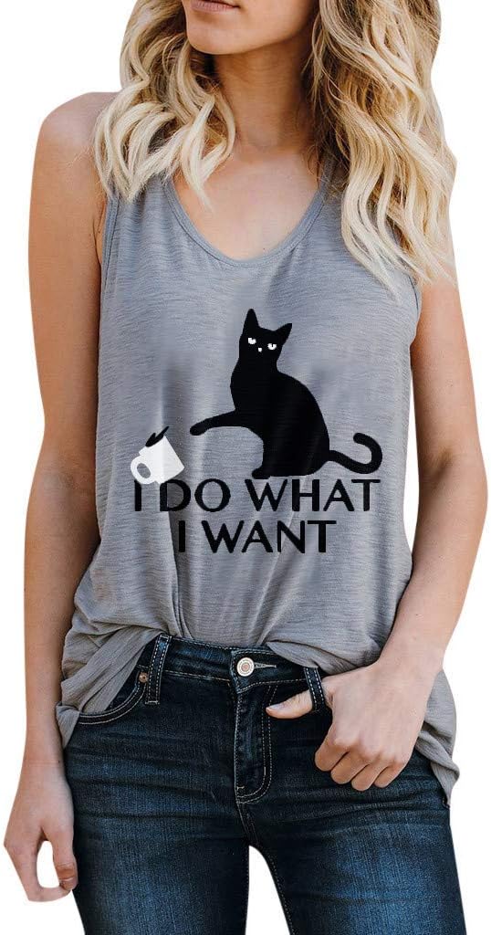 Women Sleeveless Loose Tank Tops, Cobcob Girl Cat Print Summer Cami Camisole Shirts