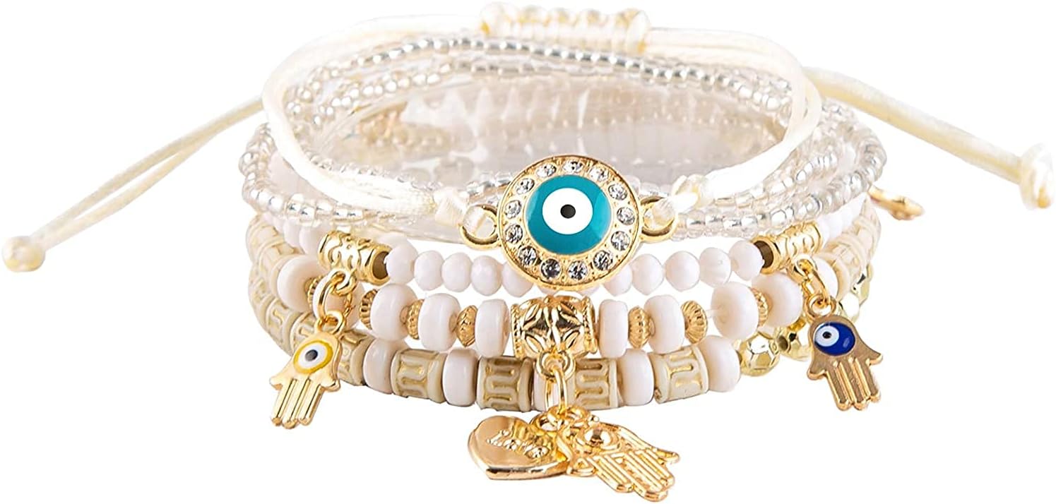 DAGALE Bohemian Evil Eye Multilayer Hamsa Hand Bracelets, Multicolor Crystal Beaded Lucky Protection Bangles Strand Boho Tassel Pendant Bracelets