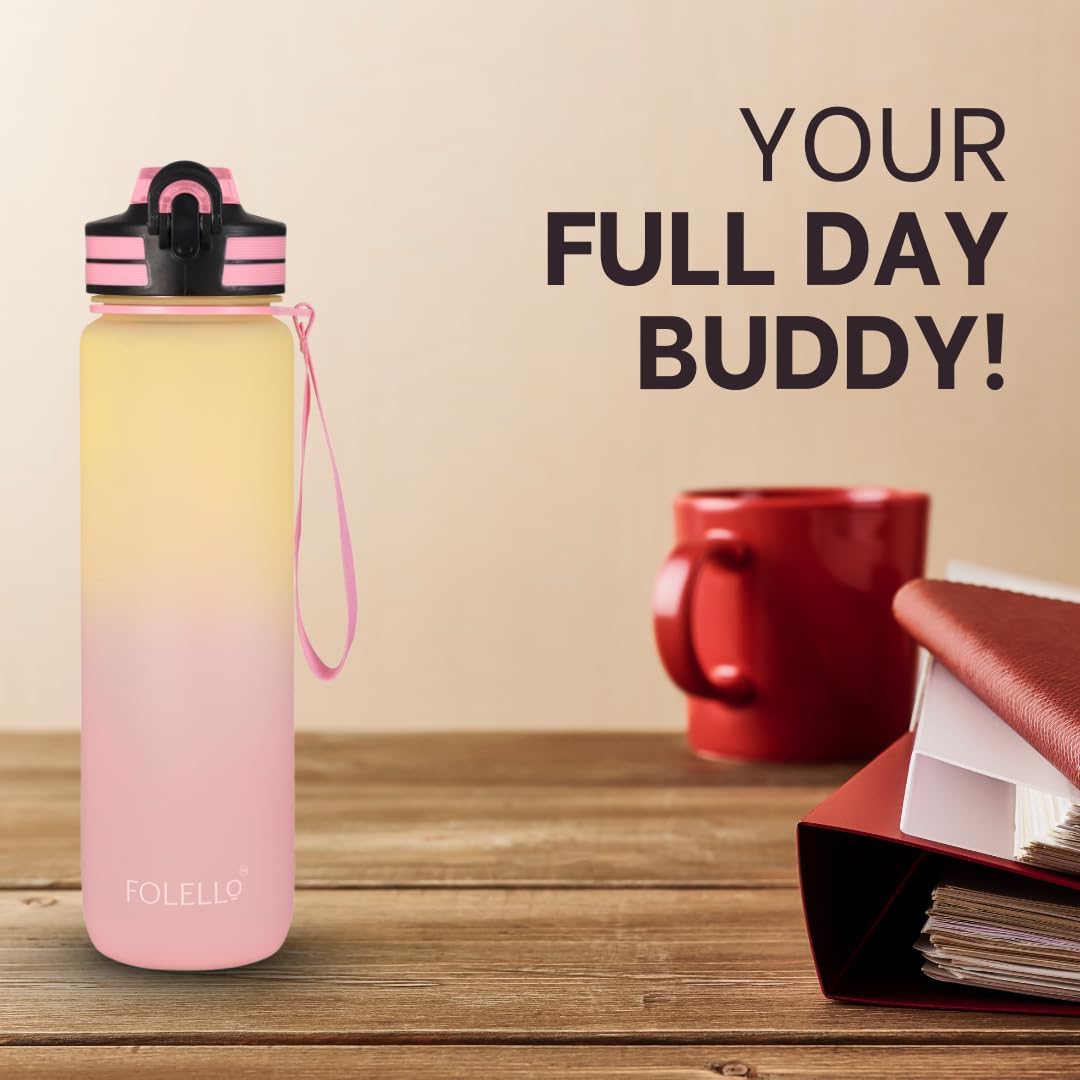 1L Tritan Water Bottle with Motivational Time Marker | Leakproof Sipper Bottle for Gym, Office, and Travel | Non-Toxic, BPA-Free Water Bottles with Hydration Reminder App | Stylish Pink Lemon