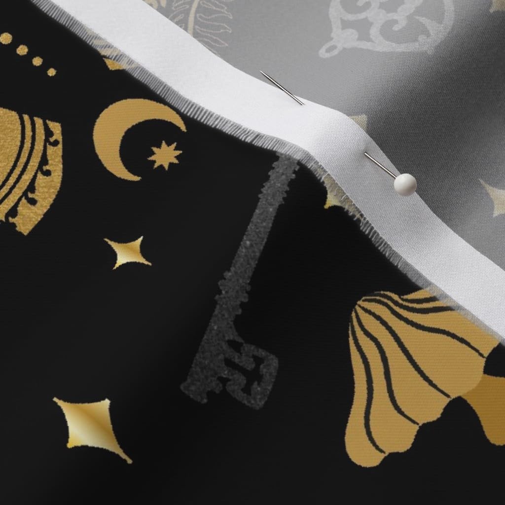 Spoonflower Fabric - Celestial Witch Black Stars Gold Keys Sun Ferns Printed on Organic Cotton Sateen Fabric by The Yard - Sewing Quilting Apparel Home Decor