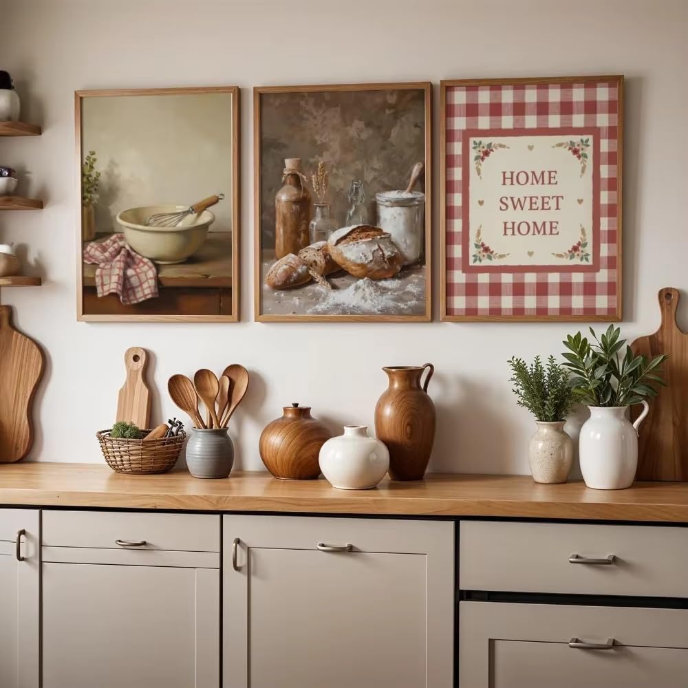 LTjiajuypd Décoration murale rustique pour cuisine, style ferme, pain vintage, nature morte à carreaux rouges, motif « Home Sweet » (60 x 80 cm - 3 pièces)