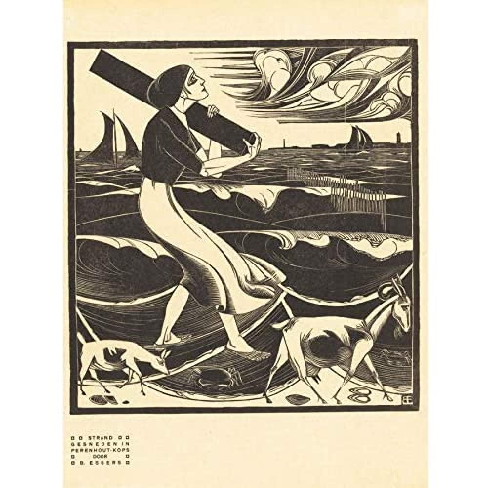 Artery8 Bernard Essers Beach Woman Goats Bw Seascape Art Print Canvas Premium Wall Decor Poster Mural