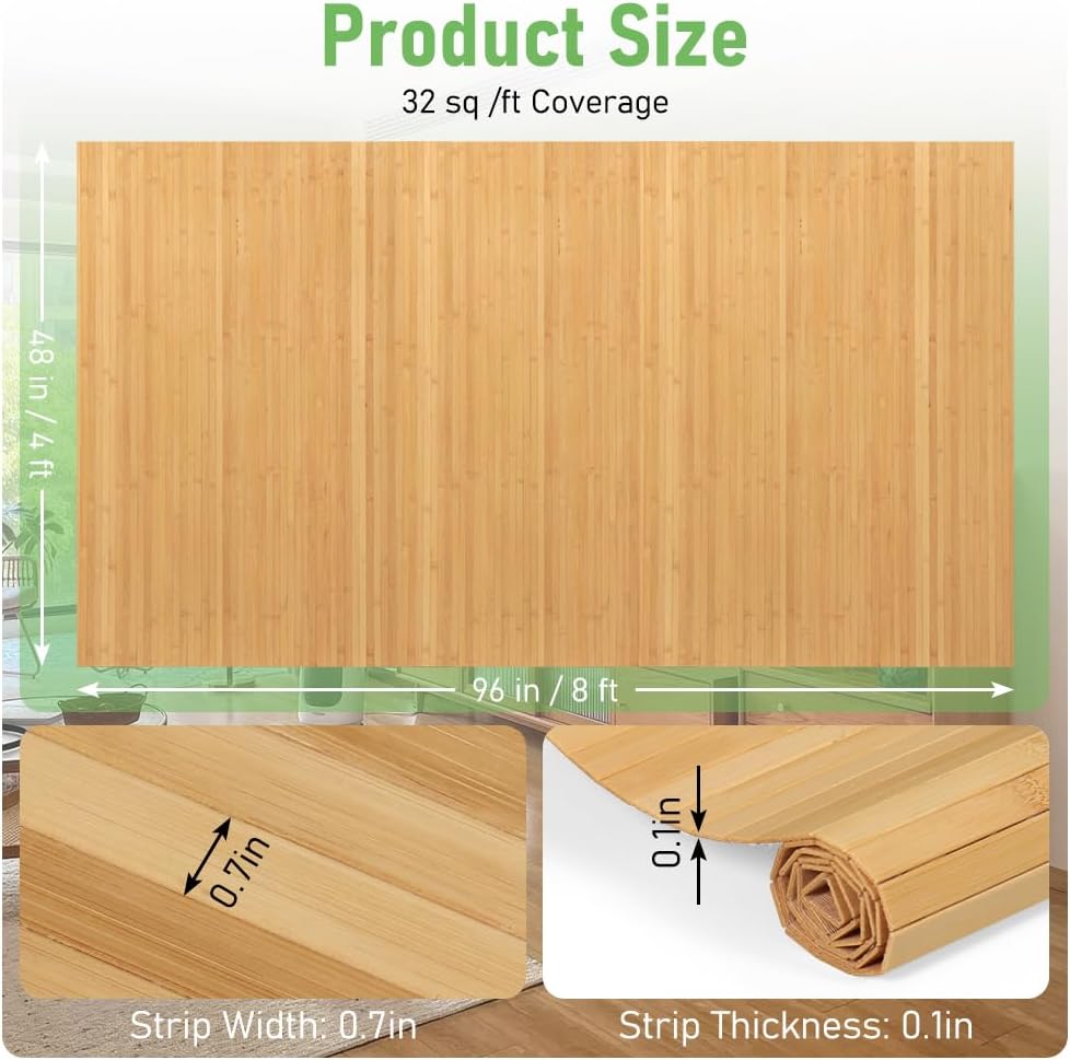 Kokorona Natural Bamboo Wall Panel for Interior Wall Decor, Pole Wrap Roll Natural Wainscoting Paneling for Living Room, Ceiling Tiles, Office, Kitchen, 48" W x 96" H, Carbonized