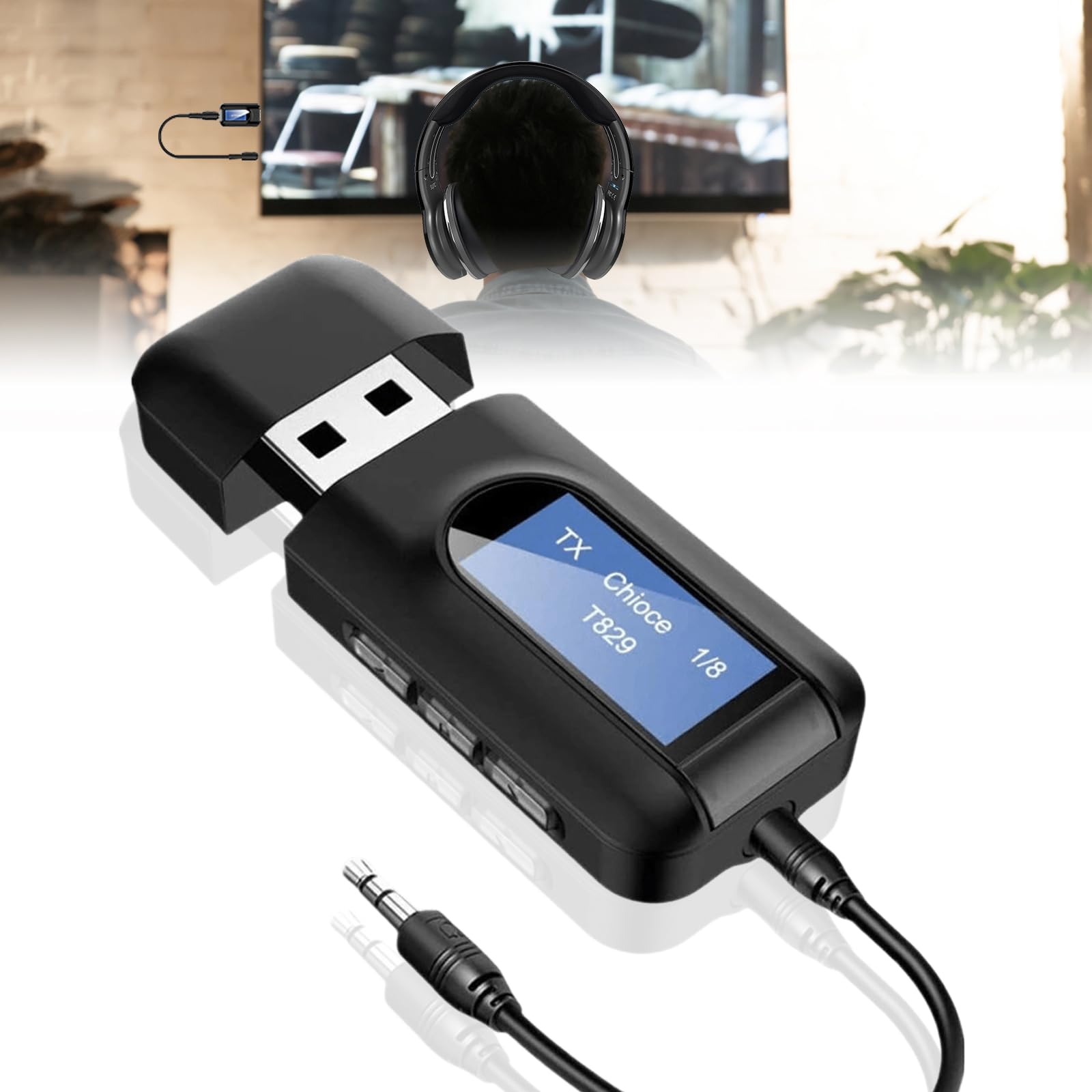 Adapter Bluetooth Audio: 2 w 1 USB Bluetooth 5.0 adapter do telewizora, nadajnika audio, odbiornika z ekranem LCD i jack 3,5 mm, niewielkie opóźnienie transmiter Bluetooth do komputera, słuchawek,