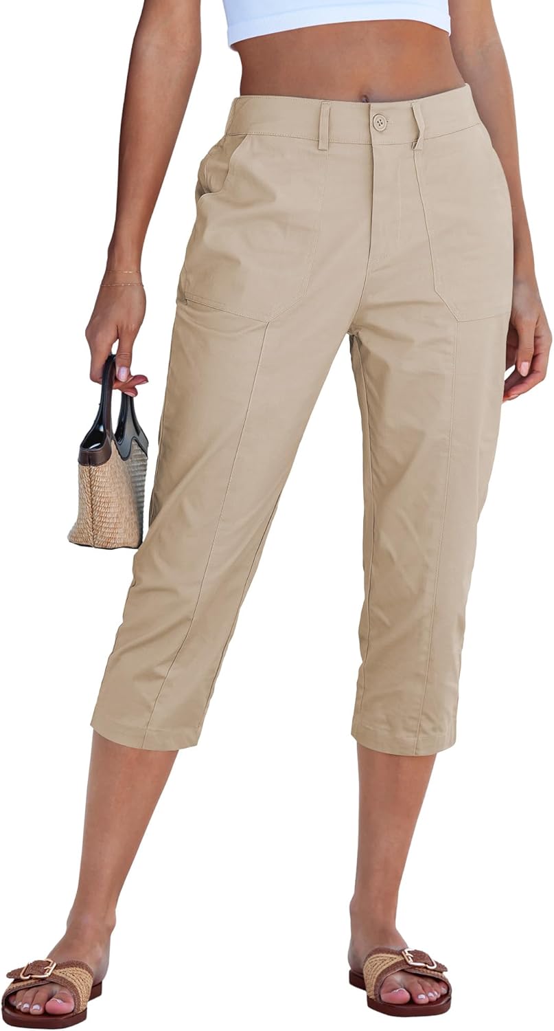 GRAPENT Capri Pants for Women High Waisted Relaxed Fit Elastic Waist Casual Capris Trousers Crop Chino Pants with Pocket