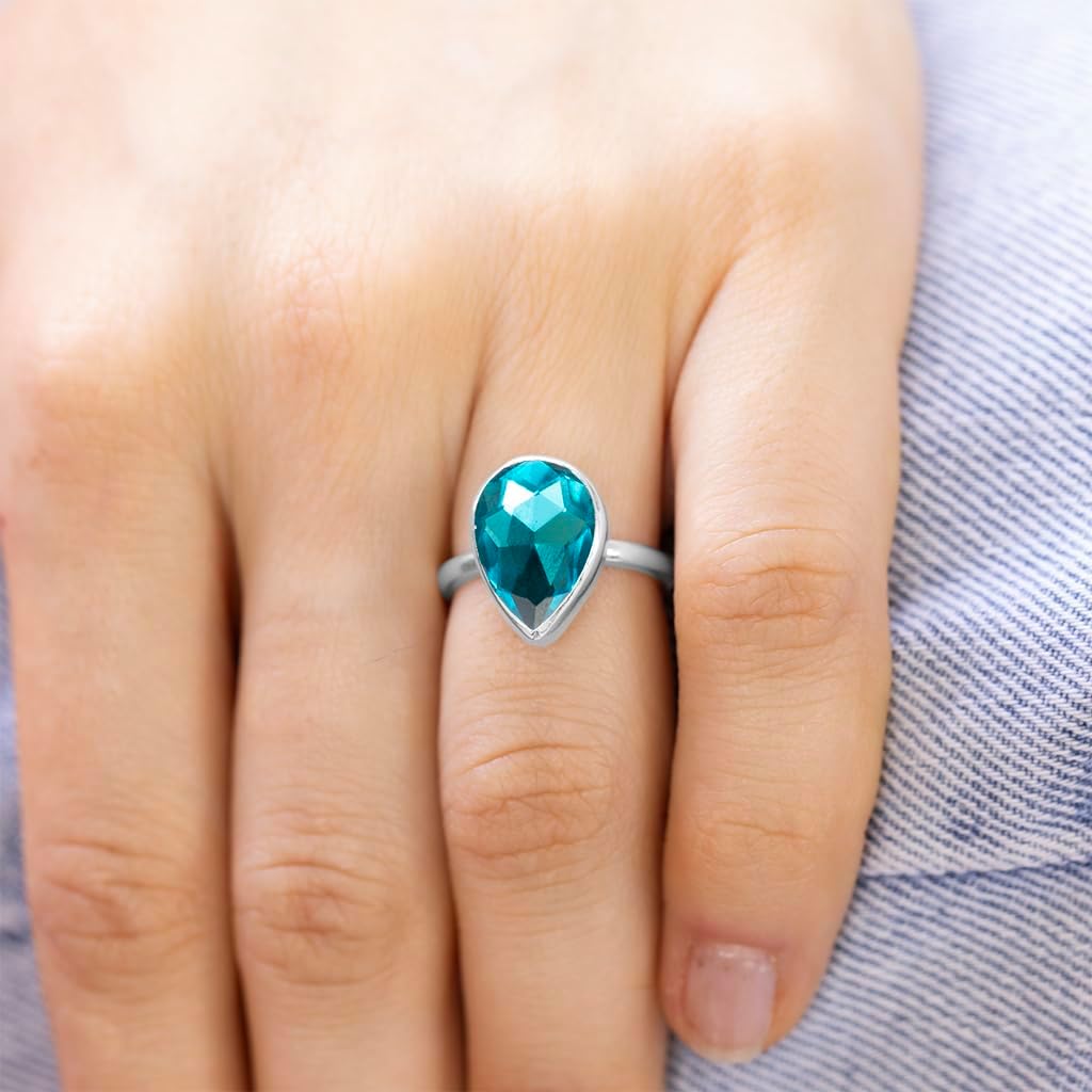 Rhodium Plated 925 Sterling Silver Rhinestone Ring for Women | Handmade Bezel Set Raindrop Triangle Crystal Jewelry | Color Inspired Faceted Stone Ring Collection | Elegant Gift