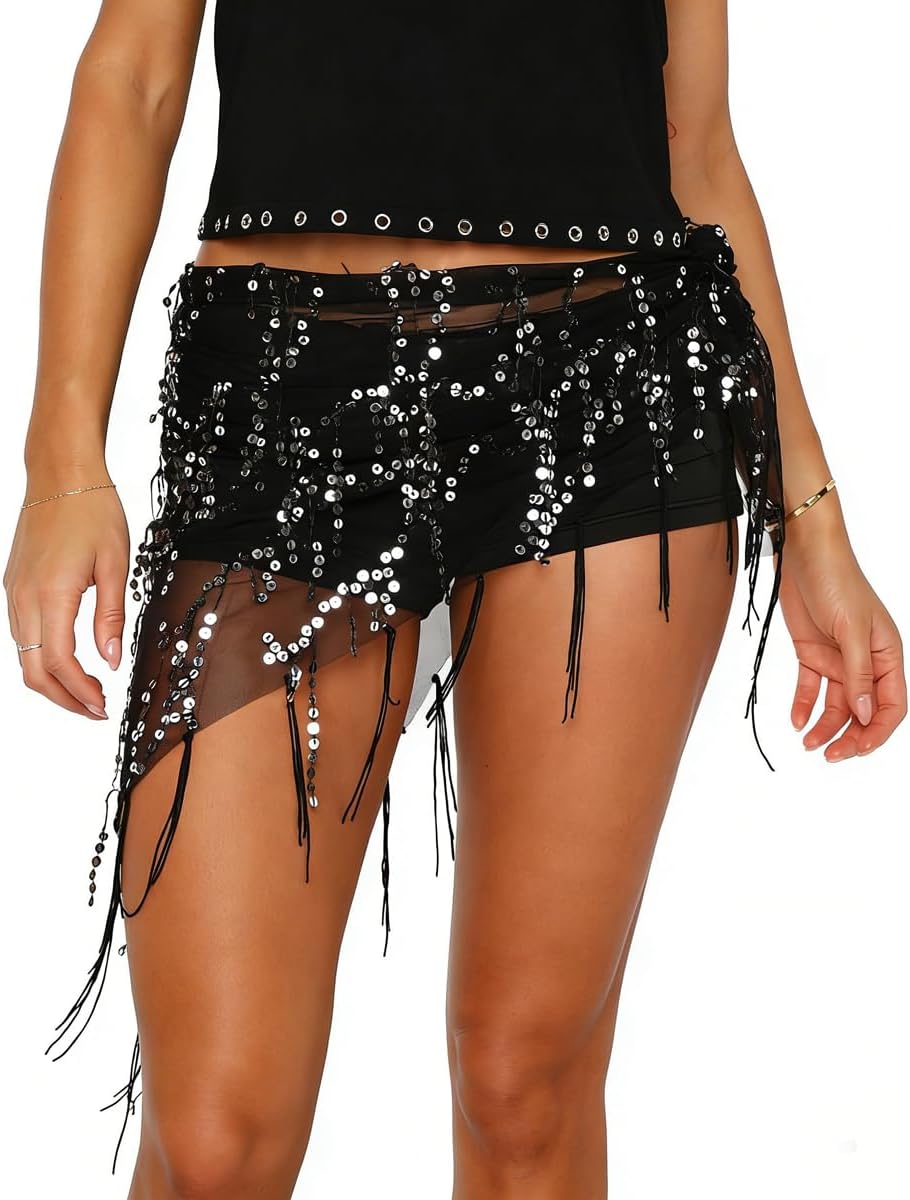 Women Sequin Fringe Tassel Hip Scarf Sheer Mesh Belly Dance Wrap Skirt Boho Sparkly Cover Up Festival Rave Beach