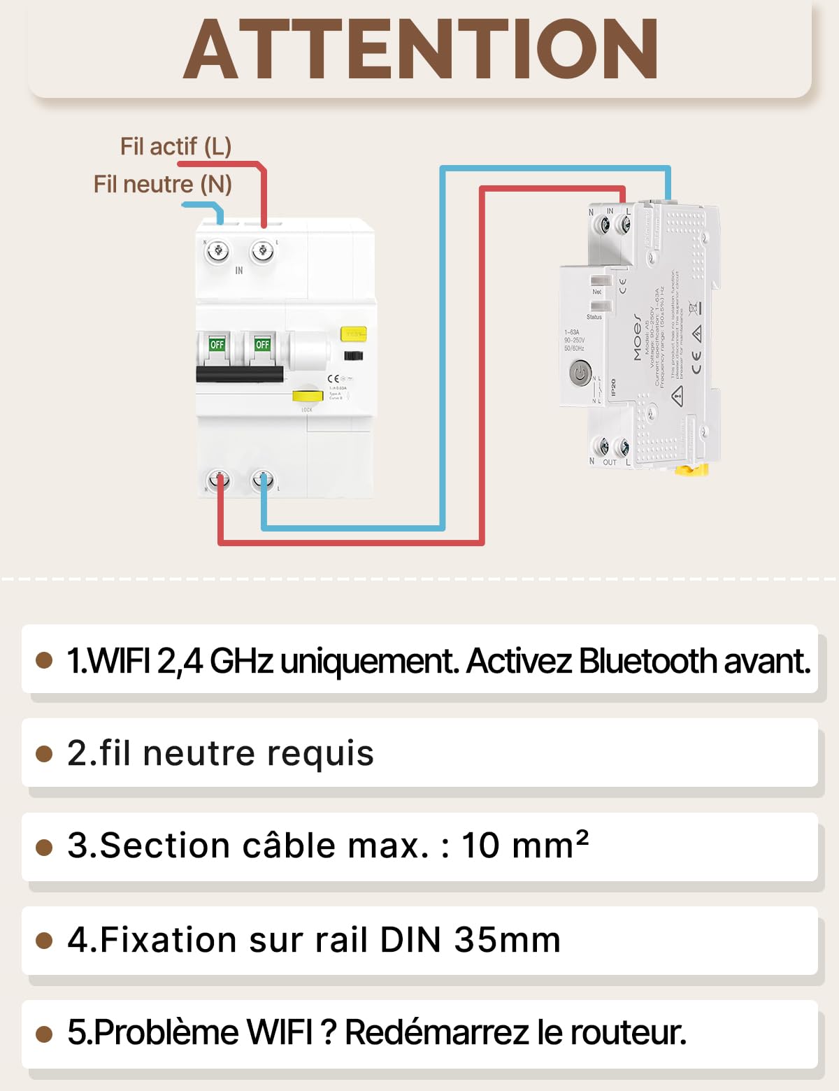 MOES Disjoncteur WIFI 1P+N Interrupteur Connecté | Fonction de mesure intelligente, contrôle DIY, commande vocale, minuterie, compatible Alexa/Google/Tuya