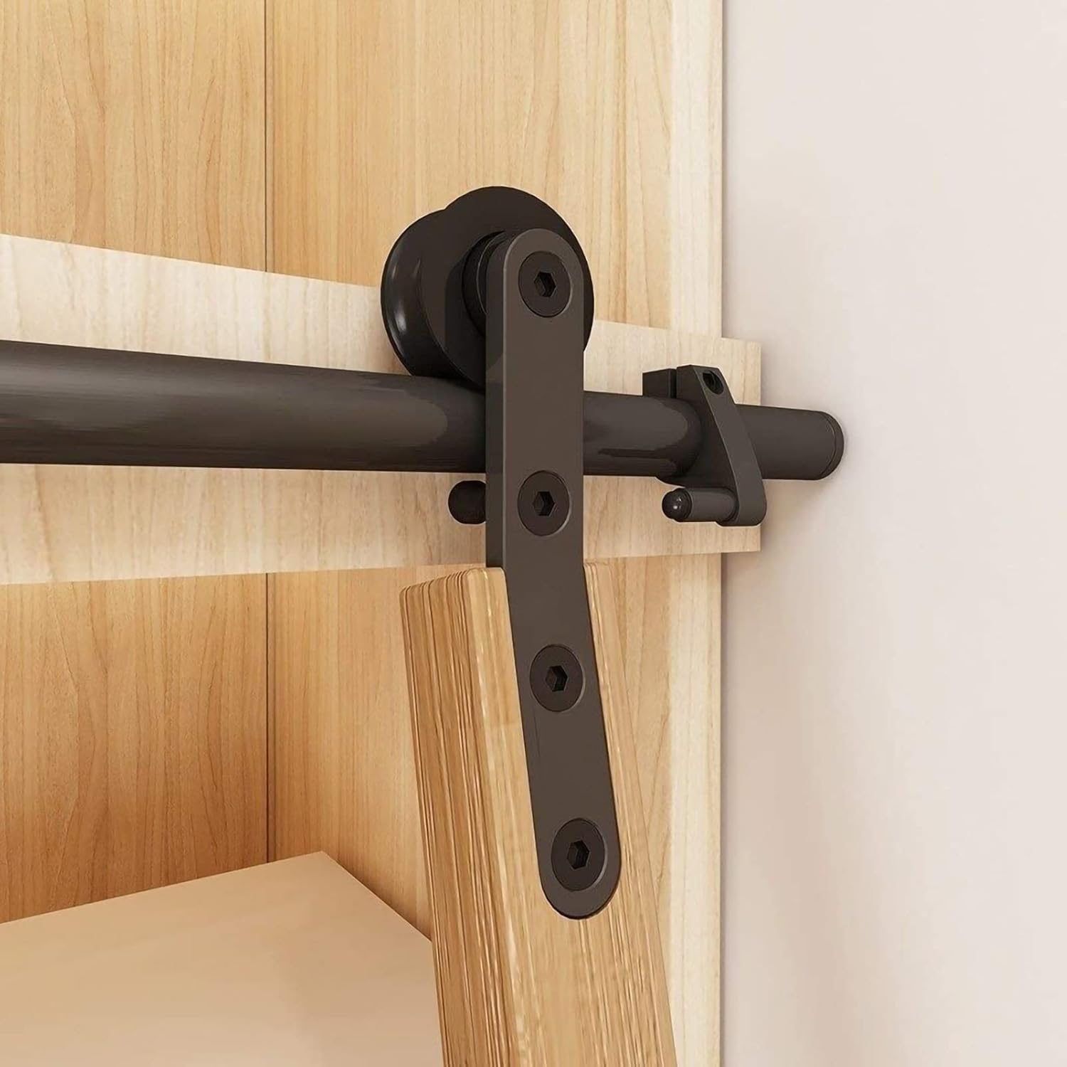 Rolling Library Ladder Hardware Kit - Sliding Barn Door Hardware Track Accessories - Carbon Steel Round Tube - Sliding Quietly - with Floor Rollers - Easy Installation - Black - No Ladder