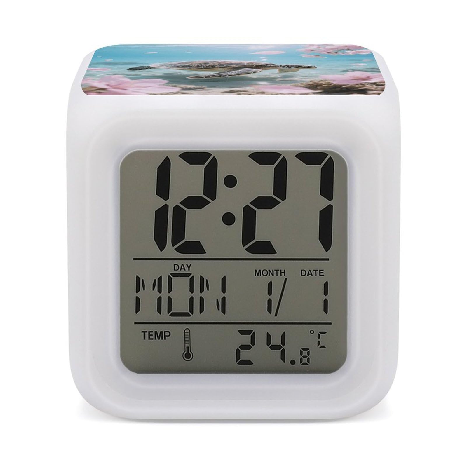 VstaDank Sea Turtle Cherry Blossom Alarm Clock with Date Temperature Large LED Display Number Clocks with 7 Colors Changing Desk Clock Battery Operated Digital Clocks with Date for Heavy Sleepers