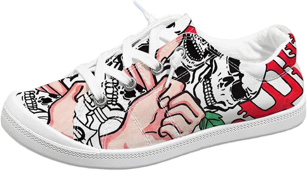 Women Gothic Halloween Horror Skull Canvas Sneakers, Spooky Pumpkin Ghost Print Casual Walking Shoes
