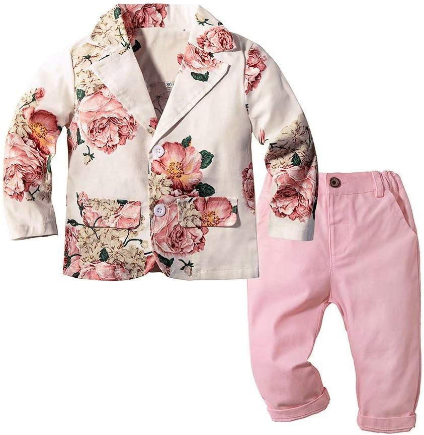 Toddler Boys Autumn Suit 2-Piece Fashion Gentleman Suit, Long Sleeve Peonies-Patterned Coat+ Pants