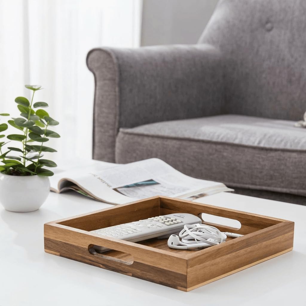 YOUEON Set of 2 Acacia Wood Serving Tray with Handles, 10x10x2 Inch Decorative Serving Trays for Food, Ottoman Tray, Square Coffee Table Trays for Dinner, Coffee, Wine, Appetizer - Image 5