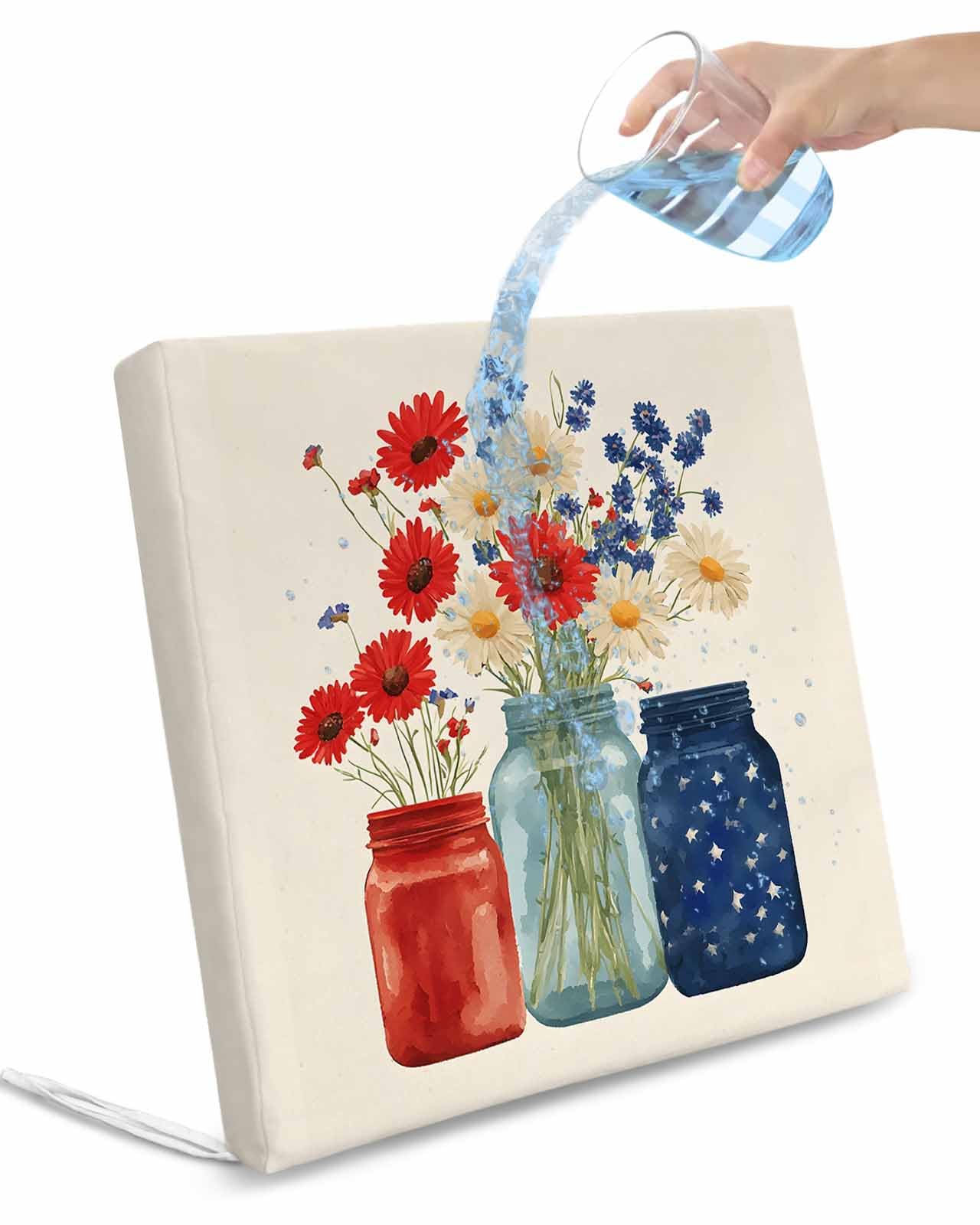 2 Pack Independence Day Waterproof Cushion Covers with Ties, Outdoor Patio Chaise Lounge Chair Seat Cushion Slip Covers Replacement(Only Cover) Red Blue Patriotic Poppy Flower Daisy 20