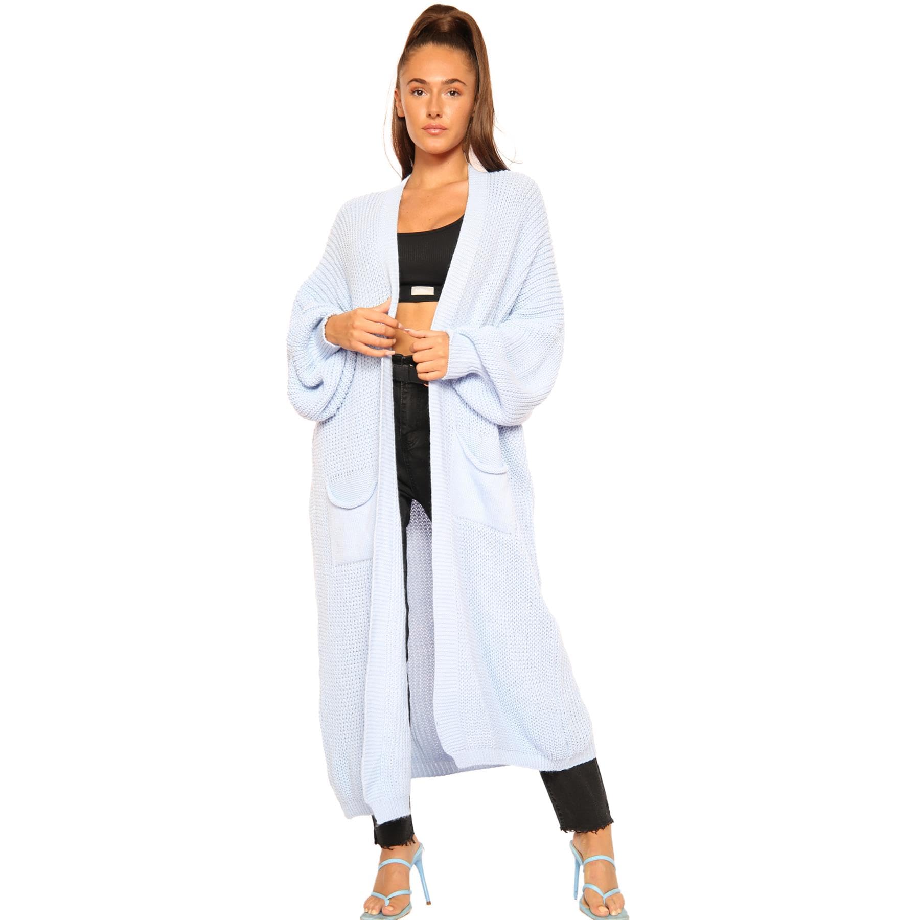 Hamishkane® Womens Chunky Knitted Cardigan, Open Front Balloon Sleeve Long Cardigans for Women UK, Winter Maxi Coatigan with Pockets, Warm Oversized Fall Sweater Grey
