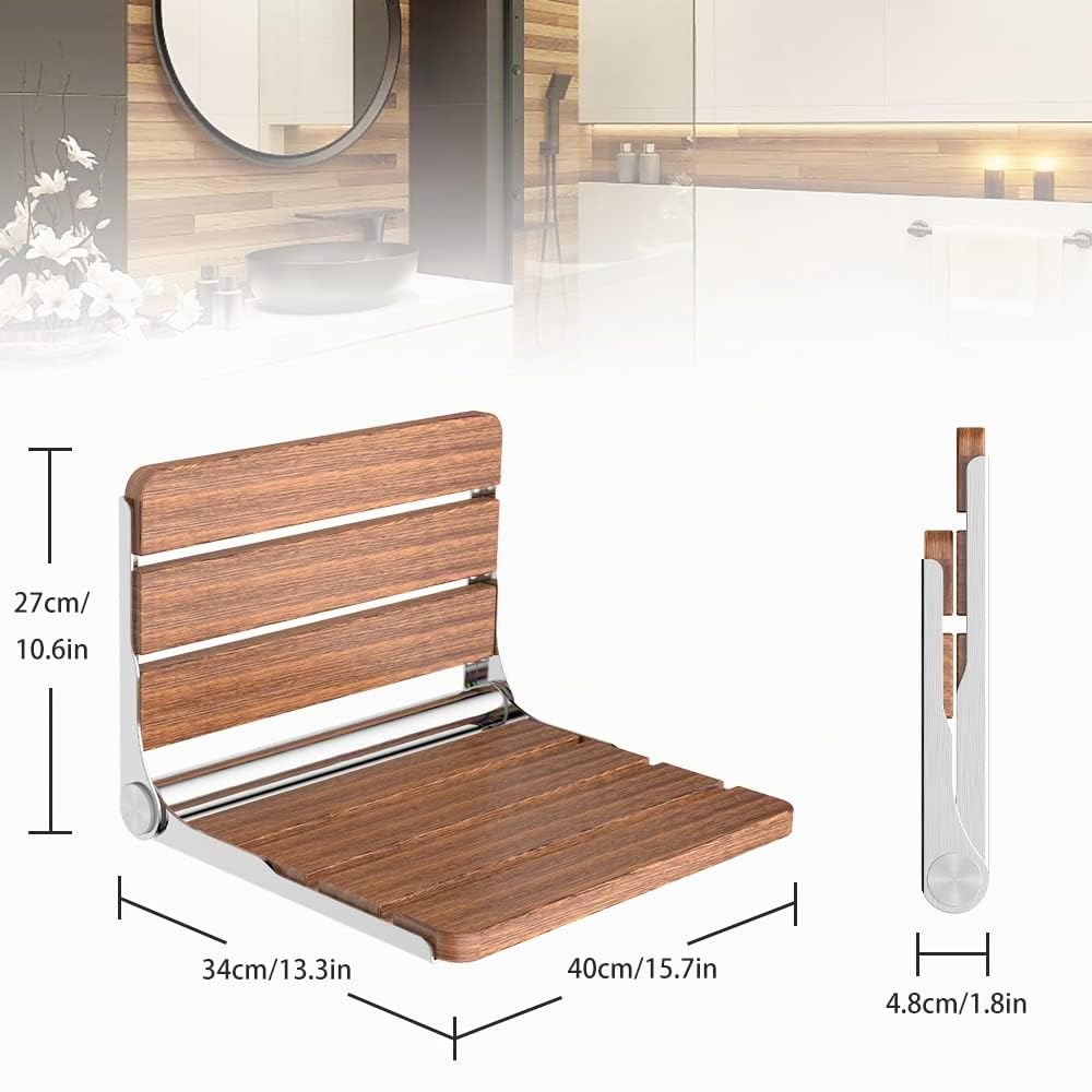 Asiento Ducha Plegable de Pared - Capacidad 200kg Respaldo, Antideslizante Mayores/Discapacitados, Banco Abatible Sapele, Madera