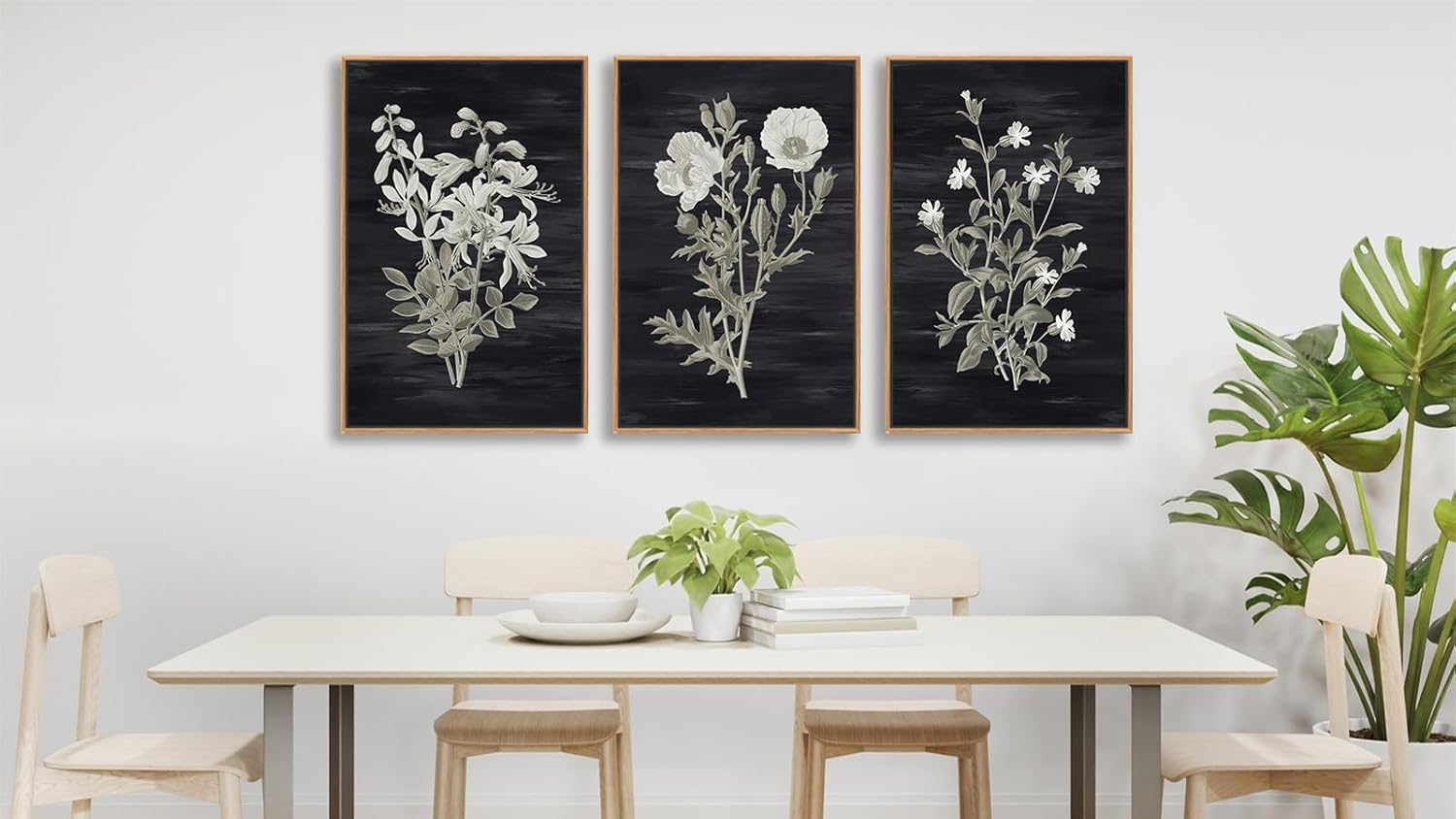 Large Botanical Wall Art for Living Room Natural Wood Float Framed Art Set of 3 Flowers Pictures Artwork Green Leaf Canvas Prints for Bedroom Kitchen Home Office Wall Decor 16"X24"X3