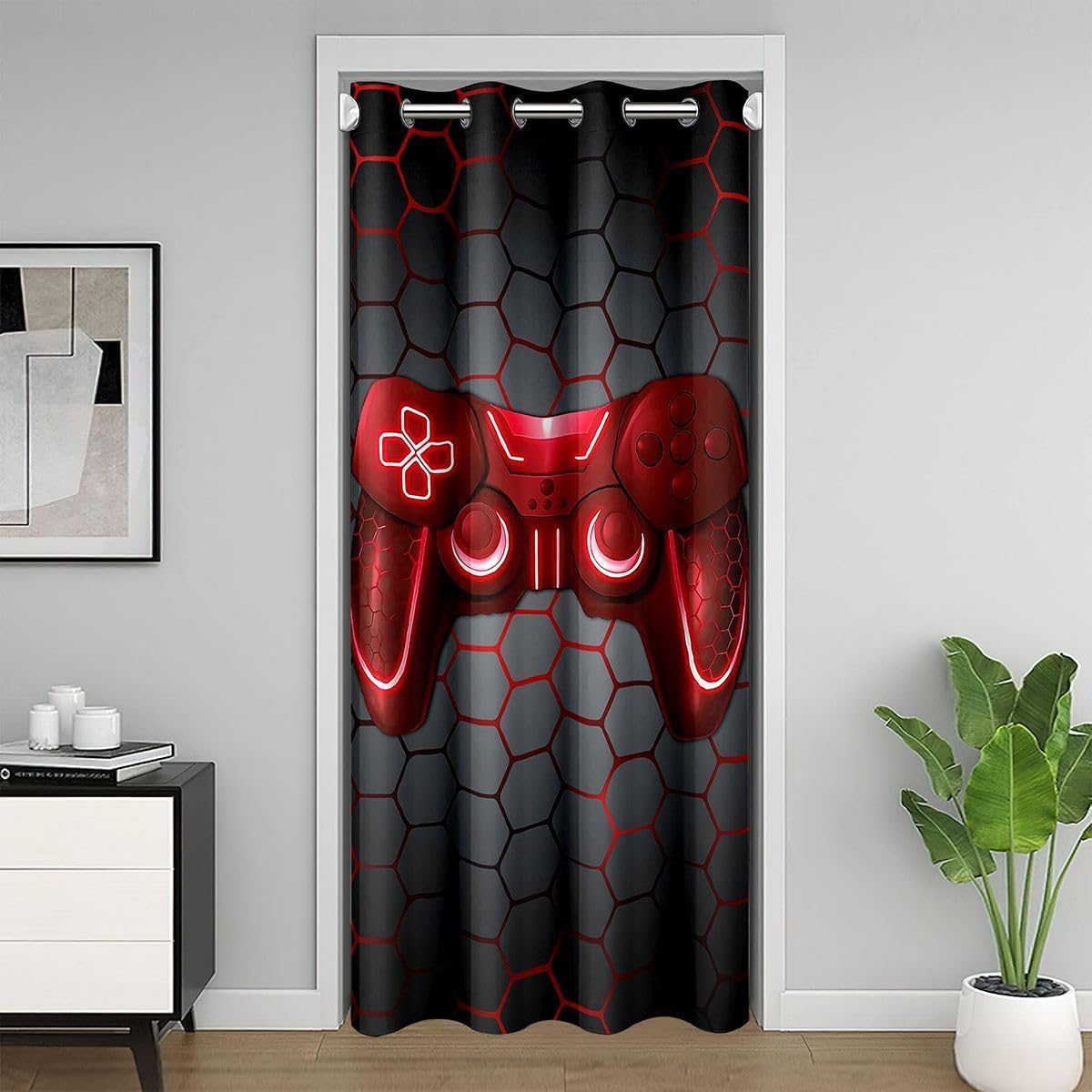 Castle Fairy Gamepad Kids Door Curtain,Neon Honeycomb Pattern Blackout Curtain,Game Controller Gaming Themed Bedroom Doorway Living Room Decor,Black Red Privacy Door Drape 1 Panel,52" W X 84" L