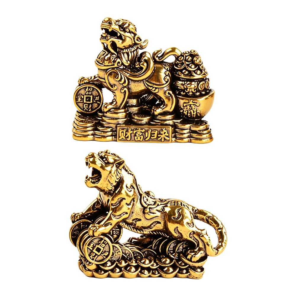 Jehoshaphat Aurichalceous 2Pcs Pi Xiu Mythical Beast Figurines, Traditional Wealth Attracting Feng Shui Ornaments For Home & Office Tabletop Decor