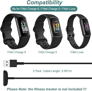 Charger for Fitbit Charge 5 / Charge 6 / Luxe (2-Pack, 3.3ft/1m) | Replacement Charging Cable Cord Accessories for Fitbit Fitness Tracker Wristband