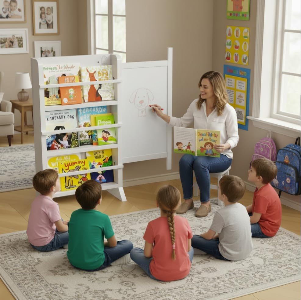 Miniatura 2 de Estantería blanca para niños, estante para libros para habitación de niños con muebles Montessori, pizarra blanca deslizante, marcadores de borrado