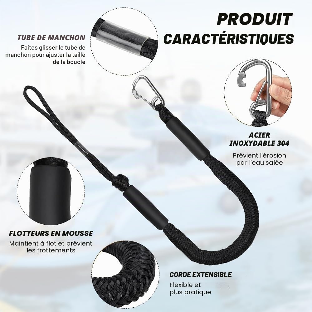 mizikuu 2 pièces Cordon Elastique Amarre, d’Amarrage Élastiques pour Bateau avec Crochet en Acier Inoxydable 4 ft Cordes de Bateau Balustrade de Corde de Quai pour Kayak, Bateau à Moteu, Canoë