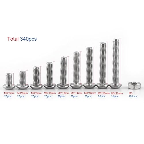 Miniatura 7 de Juego de pernos y tuercas, 340 piezas M3 de acero inoxidable SS304 cabeza de botón hexagonal tornillo tornillo tuerca surtido kit utilizado