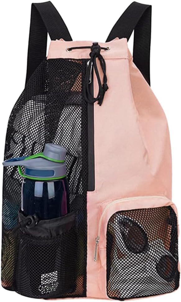 Skycare Swim Bag Mesh Drawstring Backpack with Wet Pocket Beach Backpack for Swimming Gym and Workout Gear (Pink)