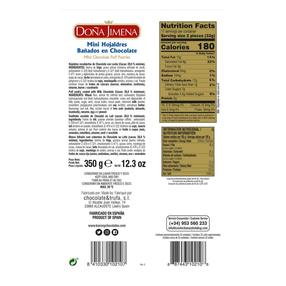 DOÑA JIMENA - Mini Hojaldres bañados en Chocolate con Leche, Calidad Suprema, Típico Dulce Navideño, Sabor exquisito, Placer dulce para disfrutar, Receta Artesanal, 350g