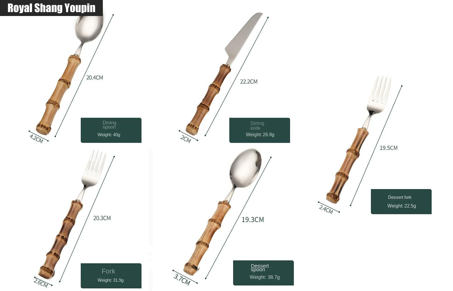 Destacados Mango De Bambú Genuino Cocina Cubiertos De Acero Inoxidable Vajilla Cubiertos Cubiertos Cuchillos Tenedores Cucharas Juego Cuchillo (Plata,20 piezas)