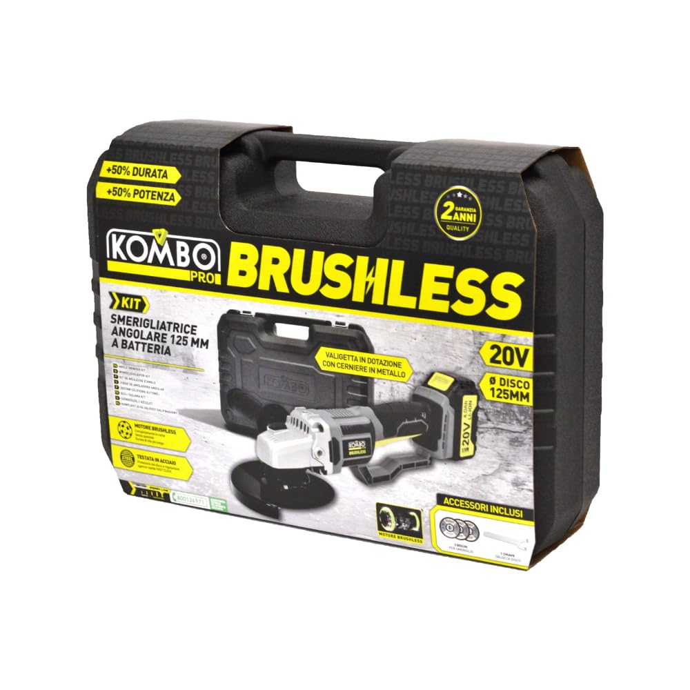 KOMBO Amoladora angular sin escobillas 125 mm - 20 V, 7000 rpm, motor sin escobillas, batería 4.0 Ah, 3 discos incluidos, maletín rígido y accesorios profesionales