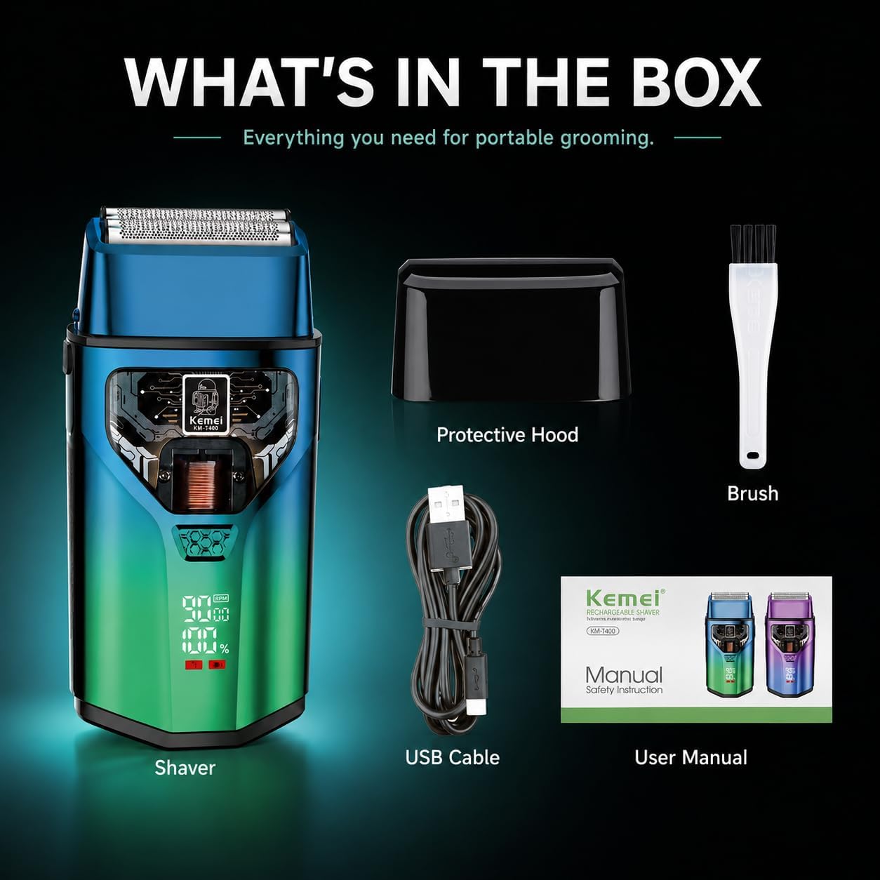 Portable Foil Shaver for Men, Compact Electric Face Shaver with Floating Double Cutter Head, 9000 RPM Motor, LED Display, Type-C Rechargeable, Detachable Head, Travel Grooming Razor, Blue Green