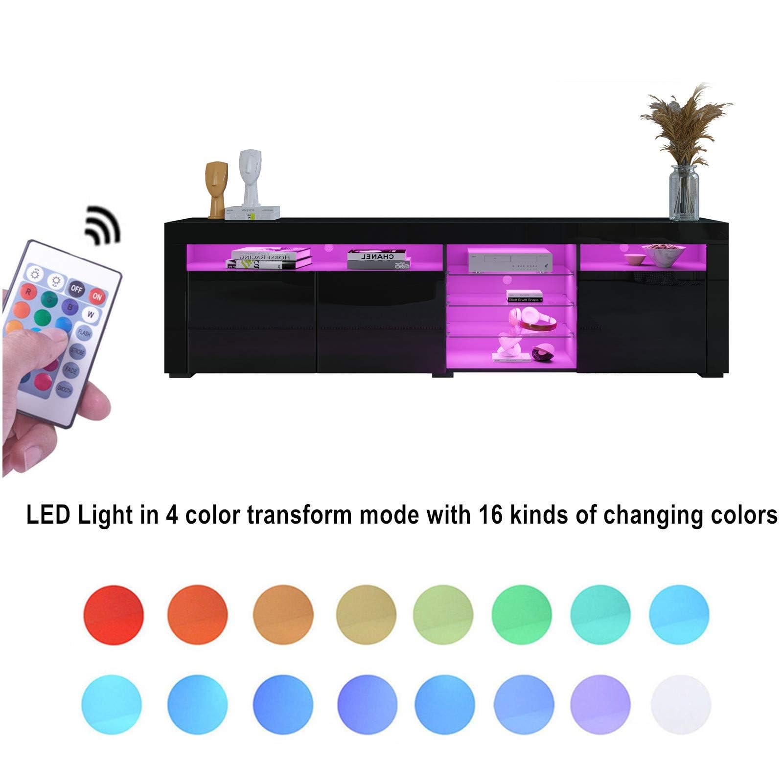 180cm LED TV Schrank Modernes Hochglanz TV Board, Schwarz | mit 3 Türen & Glasböden Fernsehschrank für Wohnzimmer Schlafzimmer Möbel, 180 x 35 x 53 cm