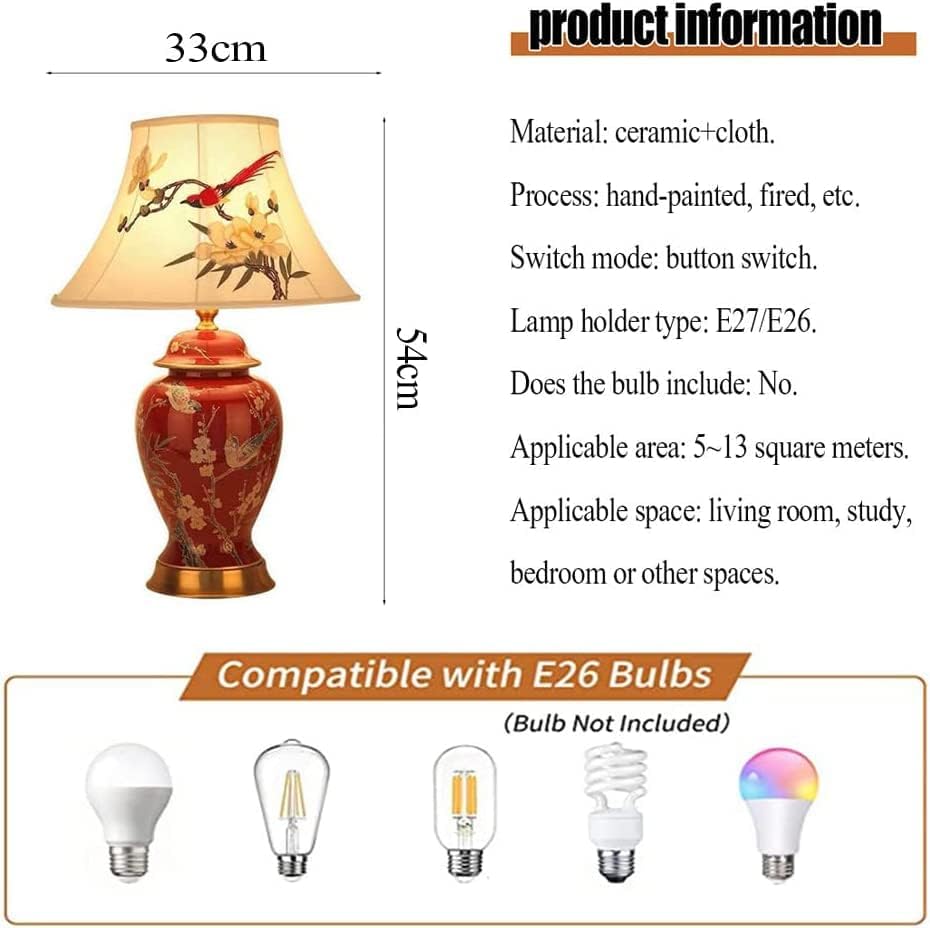 Miniatura 2 de JITEM Lámpara de Mesa Lámpara de Mesa de Cerámica Retro Roja 54×33cm Grande Oriental Cerámica Lámpara de noche Estilo Chino Sala de estar Dormitorio