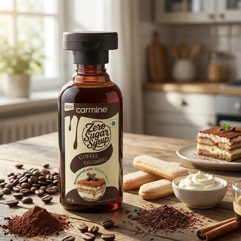 Image of Carmine Zero Sugar Syrups - Combo of 5 Syrups Bourbon Vanilla, Coffee Tiramisu, Classic Chocolate, Cinnamon Vanilla and Classic Caramel Syrup), 60 g each