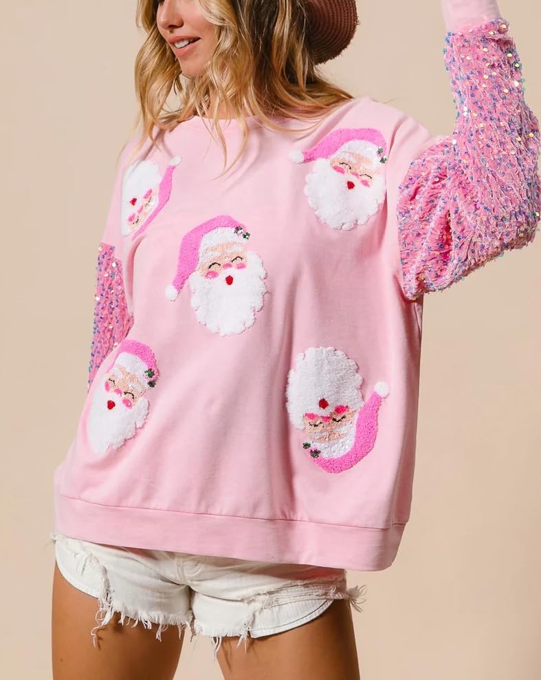 UAURORAO Christmas Sequins Sweatshirts Women Glitter Patch Crewneck Pullover Tops Sparkly Printed Xmas Long Sleeve Shirt - Image 3