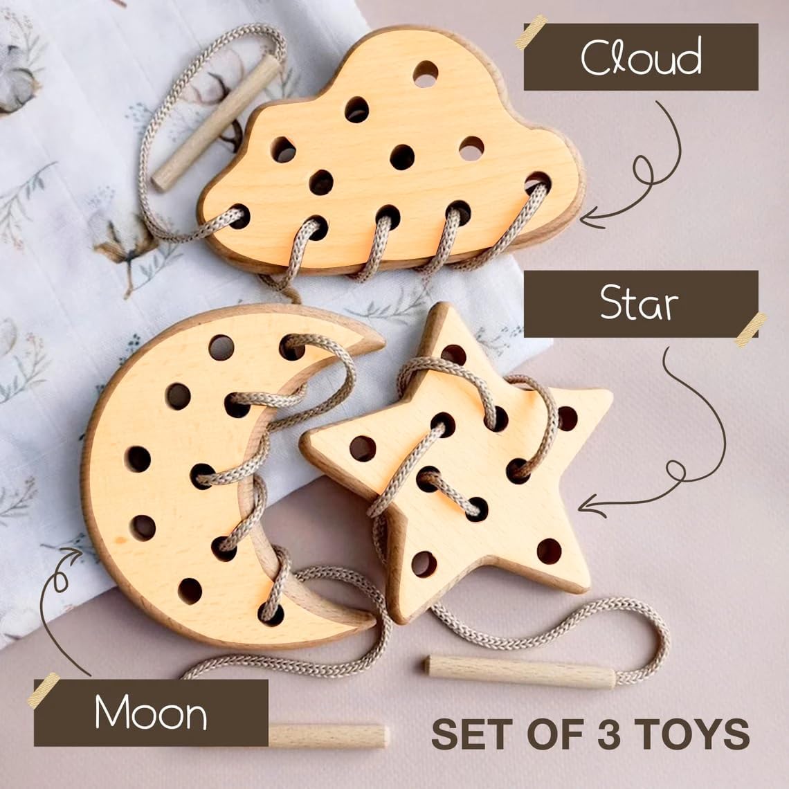 Glenoxzone Wooden Lacing Toy for Toddlers | Montessori Sewing Kit for 2+ Year Olds β Fine Motor Skills Development Toy | Educational Wooden Threading Set with Cloud, Moon & Star Shapes (Beige Combo) 4