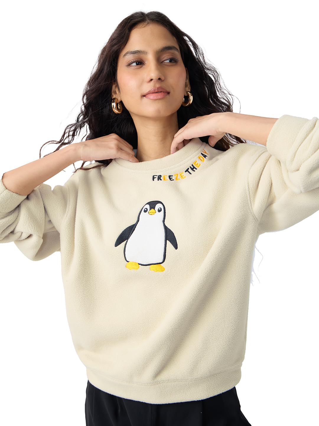 the souled store Penguin Women and Girls Long Sleeve Round Neck Cream Embroidered Polyester Soft Fabric Lightweight Everyday Oversized Fit Sweatshirt-picture-34