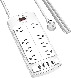 Surge Protector Power Strip - Nuetsa Flat Plug Extension Cord with 8 Outlets and 4 USB Ports, 10 Feet Power Cord (1625W/13A), 2700 Joules, ETL Listed, White